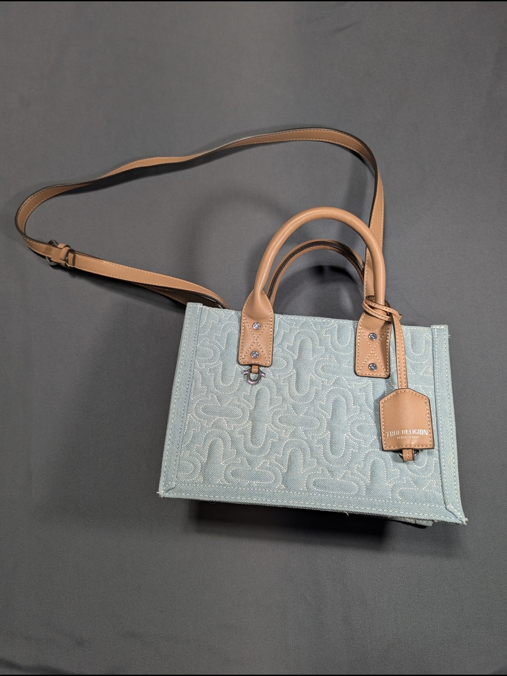 True Religion Mini Tote Crossbody Denim Monogram Bag Tan Leather